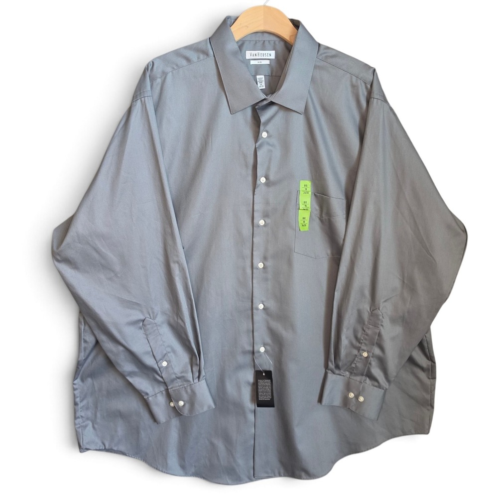 NWT Van Heusen Dress Shirt Mens 19 34/35 Gray Wrinkle Free Big & Tall Long Sleev